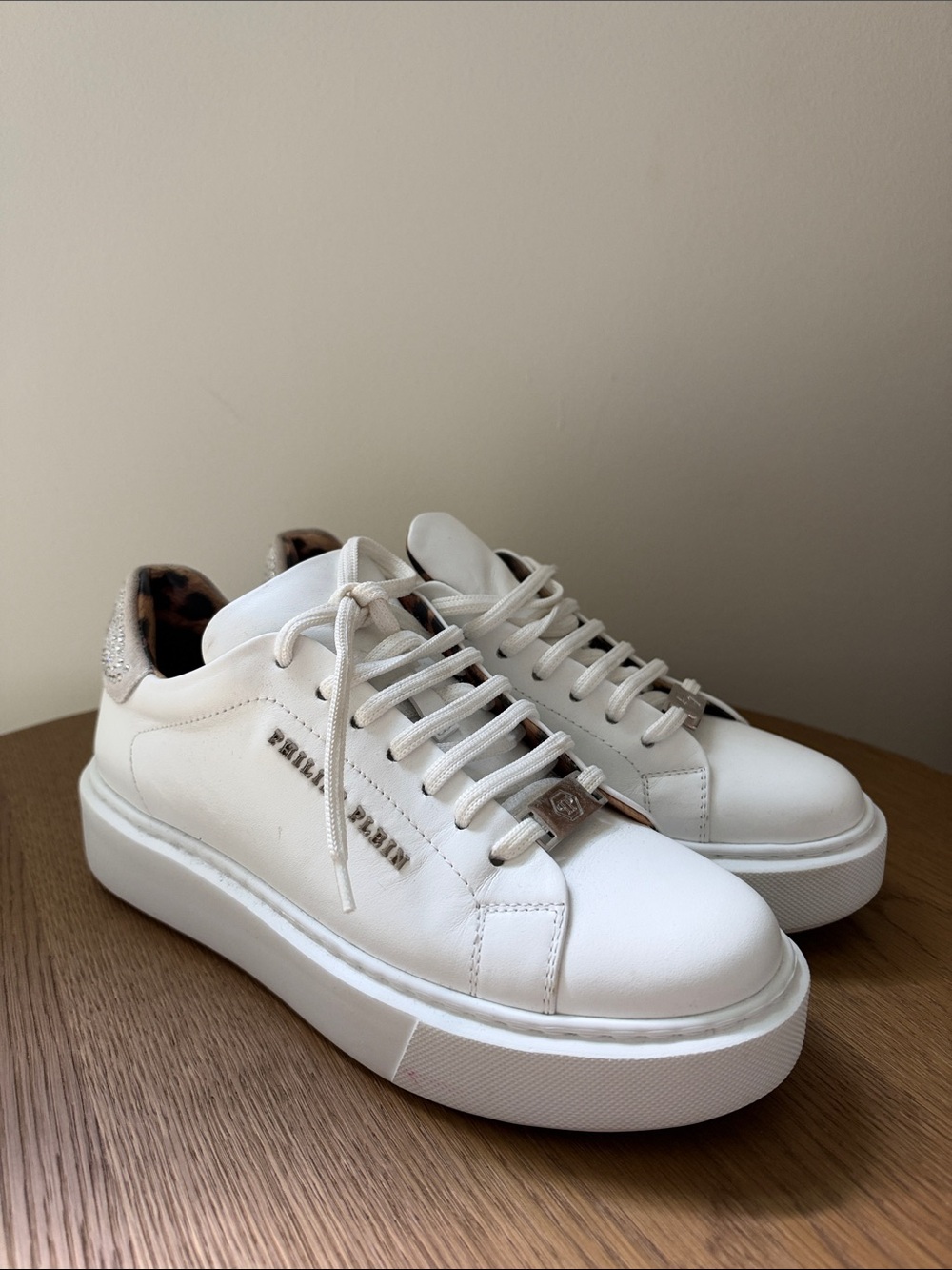 Philipp Plein White Leather Platform Sneakers with Leopard Heel Accent